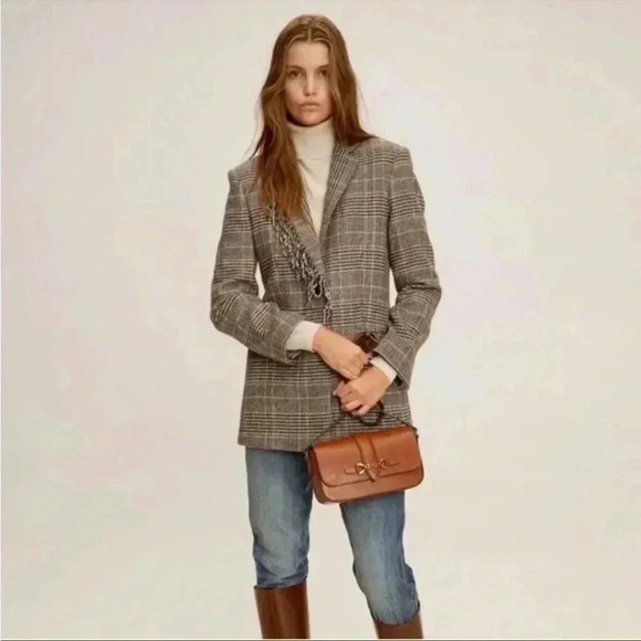 Mango Wool Blend Fringe Plaid Blazer Sz S - Picture 2 of 11